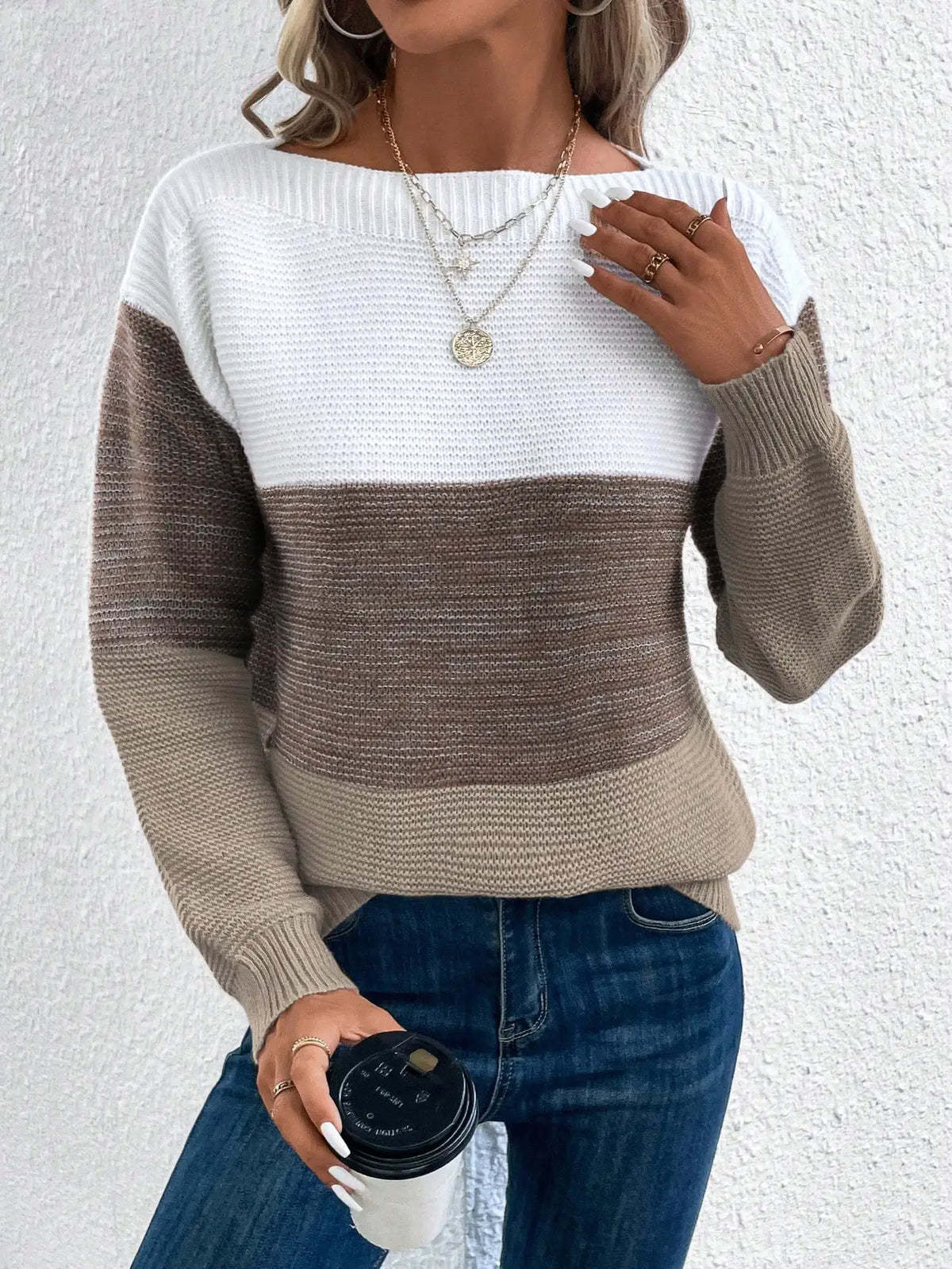 Elegant Three-color Patchwork Sweater Women Daily Commuter Casual Loose Jumpers Female Autumn Winter Knitted Thickened Warm Tops