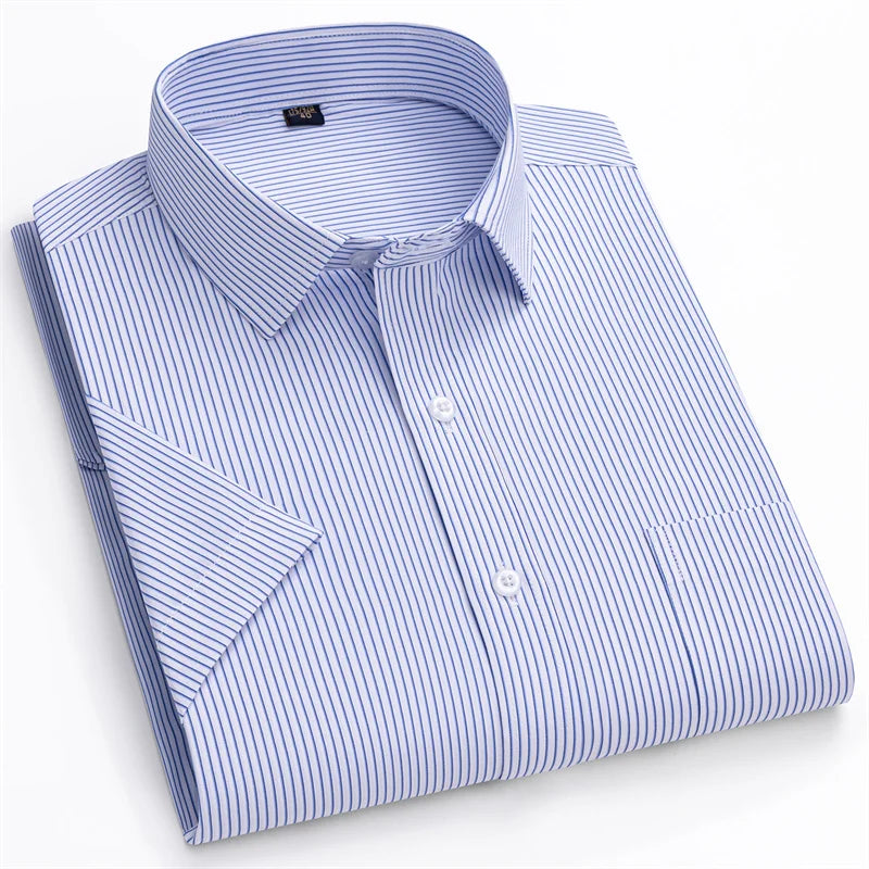 Men Formal Shirt Short Sleeve Office Solid Color Striped Fashion Business Pocket White Social Shirt Men's Clothing 5XL 6XL