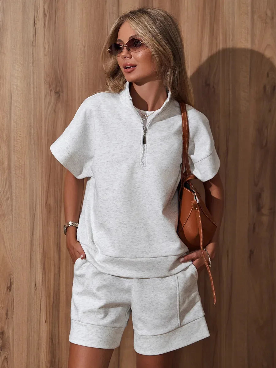 2026 Summer New Long-sleeved Shorts Sweater Set Solid Color Fashion Casual Short 2-piece Set