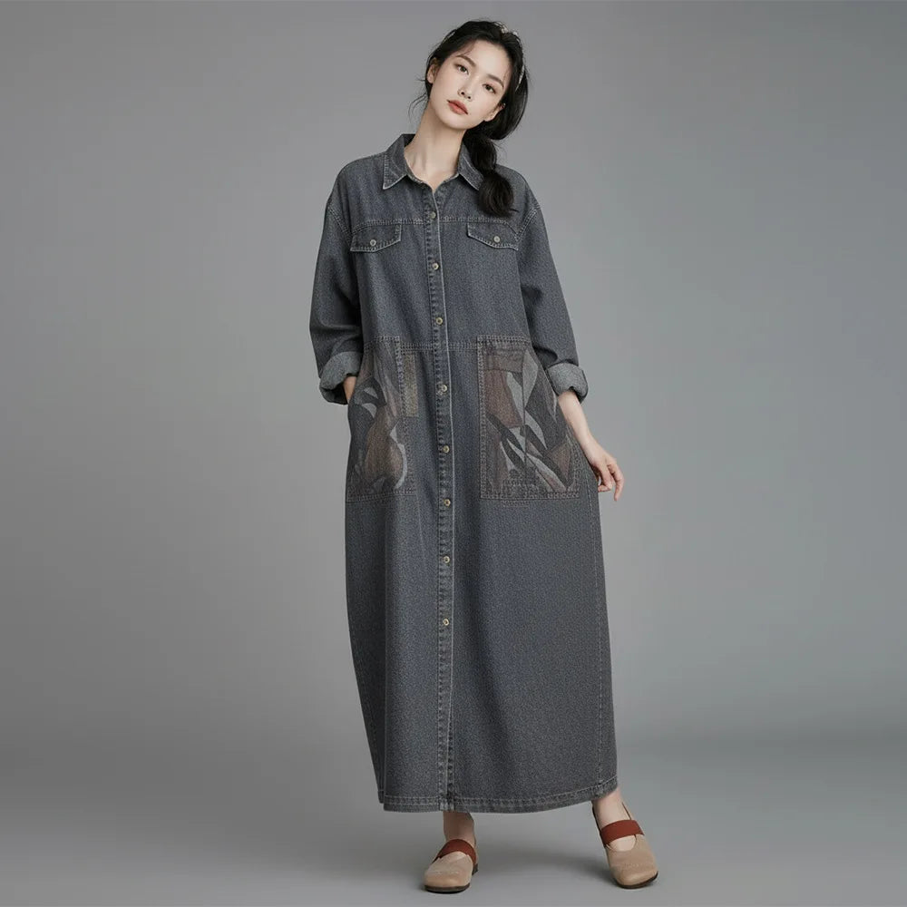 Johnature Women Vintage Denim Cotton Dress 2026 Spring New Turn-down Collar Long Sleeve Button Patchwork Pockets A-Line Dress