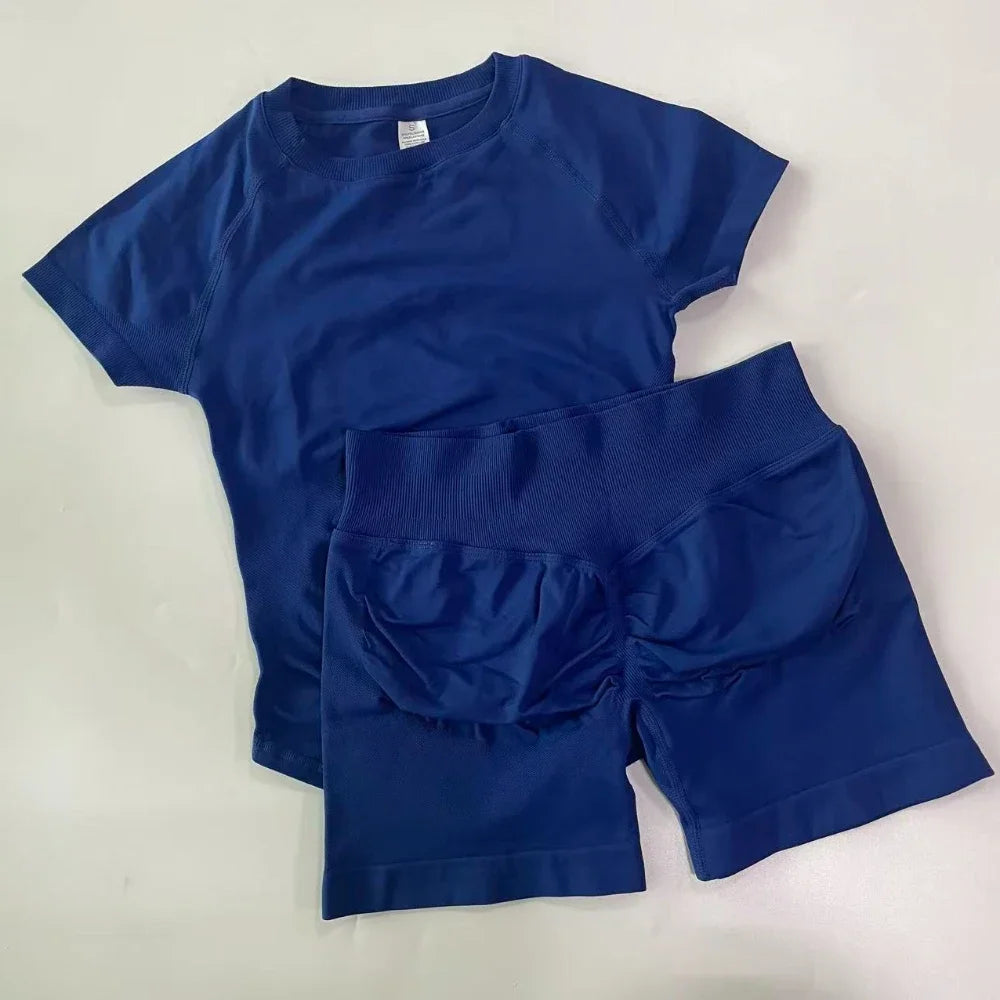2 Piece Gym Set Women Outfit Longline Short Sleeve Gym Crop Top High Waist Workout Shorts Sports Suit Fitness Clothes Yoga Set