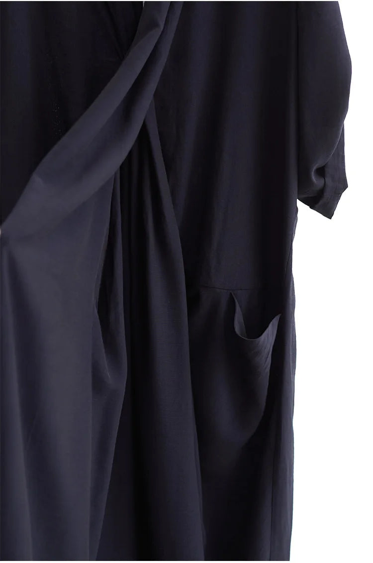 New Chinese-Style Dress~Draped Collar Navy Blue Pleated Dress, Summer Slimming and Elegant Long Dress for Women