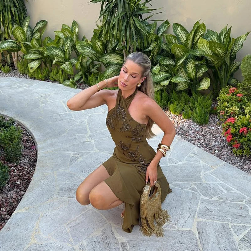 Women Halter Neck Beaded Evening Maxi Dress Floral Rhinestone Slit Ruffle Formal Party Gown 2026 Summer New Female Daily Outfit