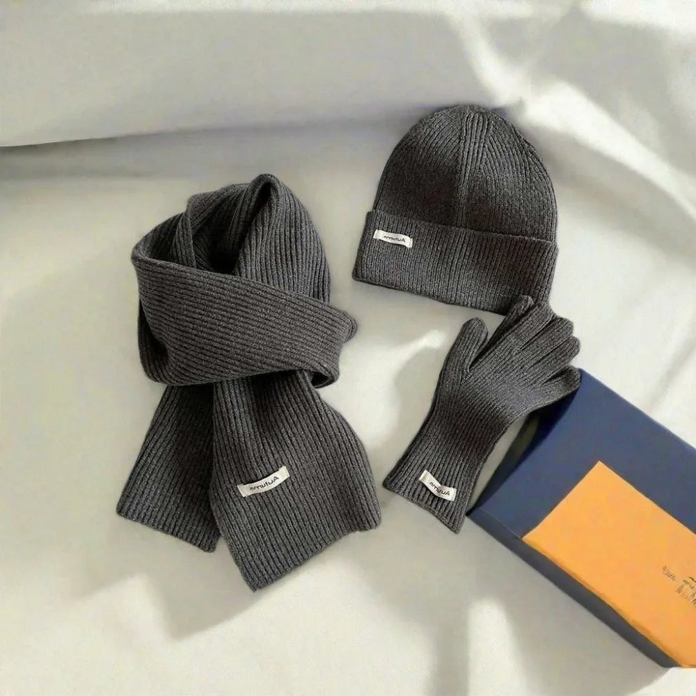 Knitted Winter Scarf Woman Solid Color Hat Scarf Gloves Women's Windproof Adult Three-piece Set Fashion Women's Scarf Hat Set