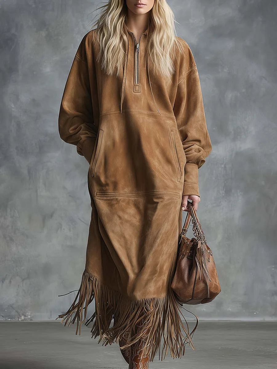 Western Retro Solid Suede Tassel Dresses Woman Turn-down Collar Zipper Loose Dress New Spring Fall Long Sleeve Dress with Pocket
