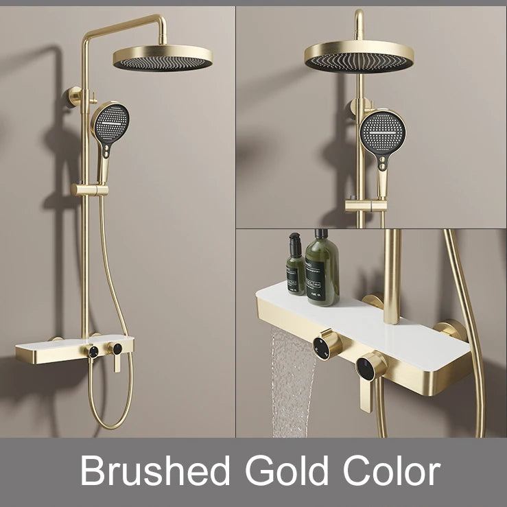 White Bathroom Shower System Set SDSN 12 Inch Round Rainfall Shower Head Brass Bathroom Faucet Hot Cold Gold Bathroom Shower Set