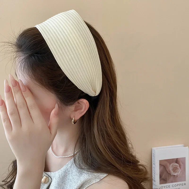 Solid Color Wide Edge Striped Yarn Headband High Head French Gentle Hair Accessory Popular Internet Celebrity Style