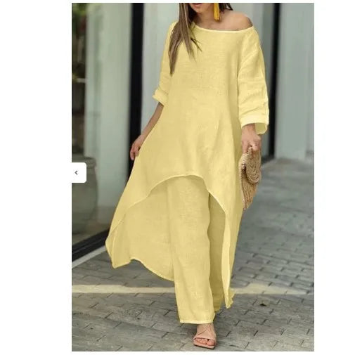 2025 Loose New In Matching Sets Two Piece Outfit 2 Pieces Set For Woman Solid Color Irregular Hem Long Sleeves Wide Legs Trouser