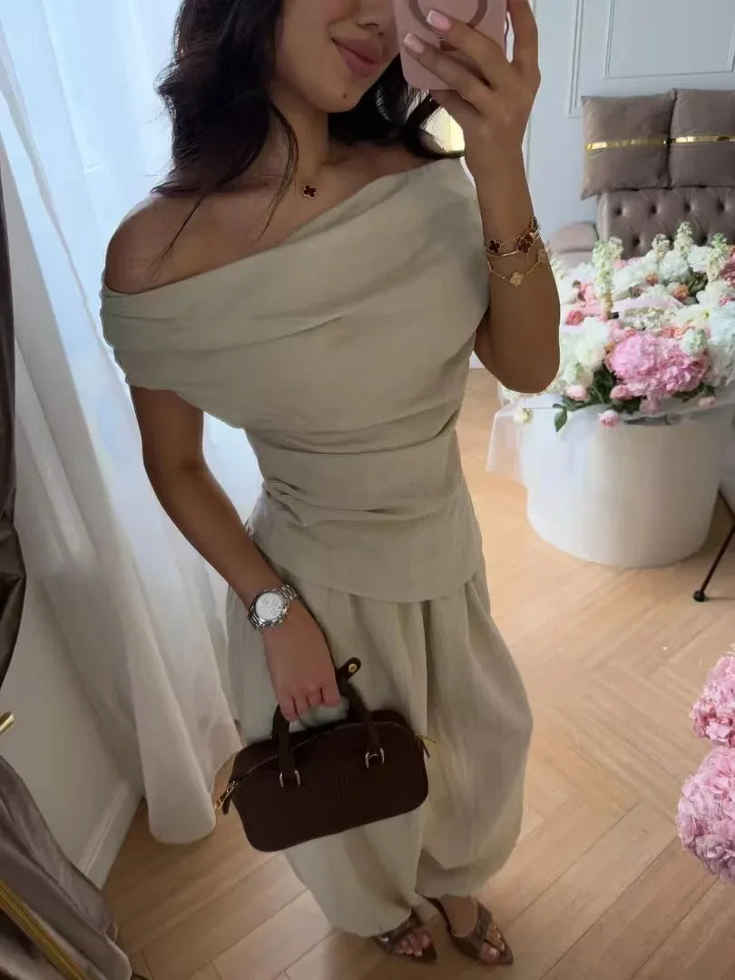 Solid One Shoulder Top Lantern Pants Set Women Chic Cotton Linen T-shirt Wide-leg Pants Suit Elegant Lady Summer Daily Outfits