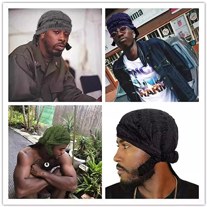 New Punk Style Cotton Durag Headband Elastic Knit Fabric Long Tail Pirate Cap for Men Cycling Head Scarf