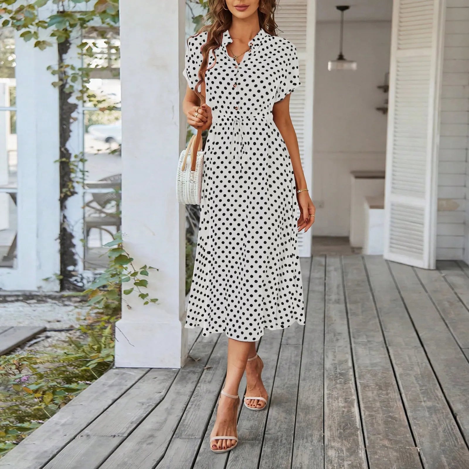 Elegant retro polka dot dress Women's Summer Midi Dress V Neck Single Breasted Short Sleeve Dresses Fashion Print Dress