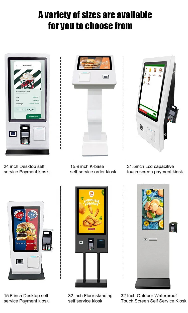 Desktop vertical 15.6 21.5 touchscreen POS end point self checkout kiosk with printer QR code scanner