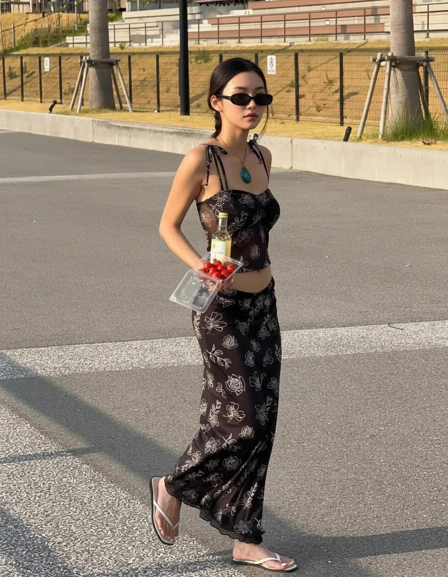 Retro Style Floral Embroidery Three Piece Swimsuit Slim Long Suspender Dress Women Holiday Beach Vacation Cover Up Bikini Outfit