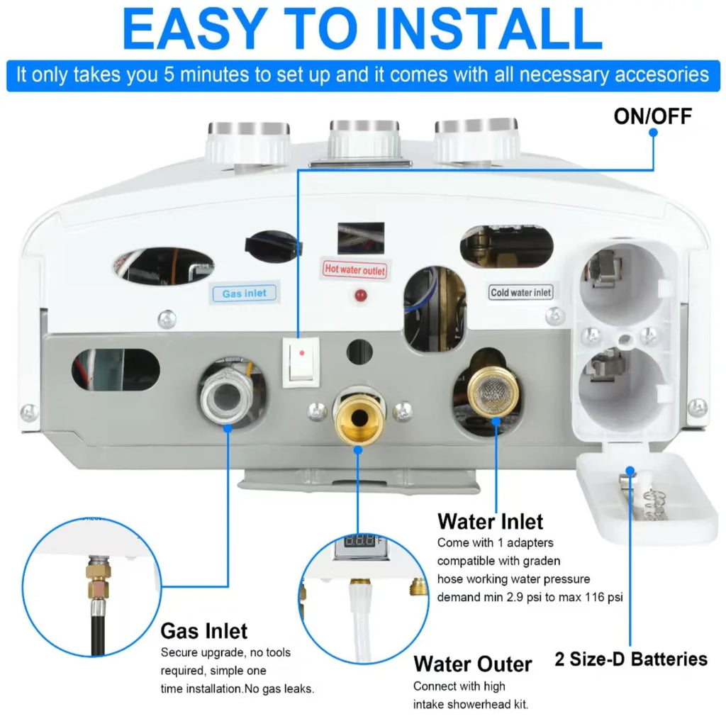 LPG Propane Water Heater 6L Instant Gas Water Heater Overheat & Dry-Burn Protection with Digital Display for Camping RVs Cabin
