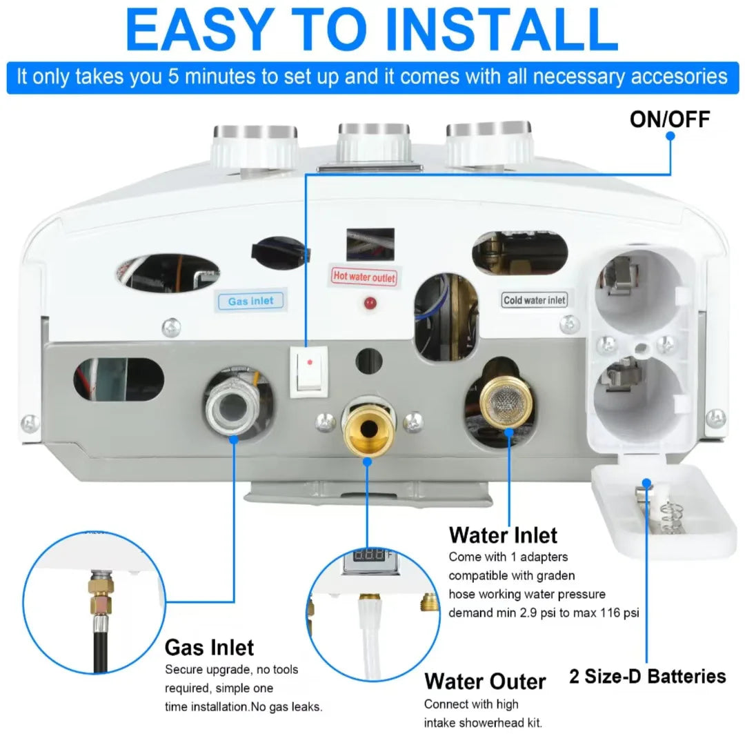 LPG Propane Water Heater 6L Instant Gas Water Heater Overheat & Dry-Burn Protection with Digital Display for Camping RVs Cabin