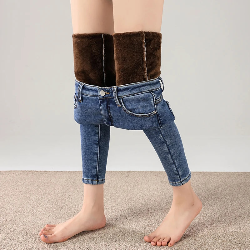 Women Thermal Jeans Winter Snow Warm Thickened Fleece Stretch Skinny Pencil Pants Fashion Korean Slim Fit Velvet Plush Pants