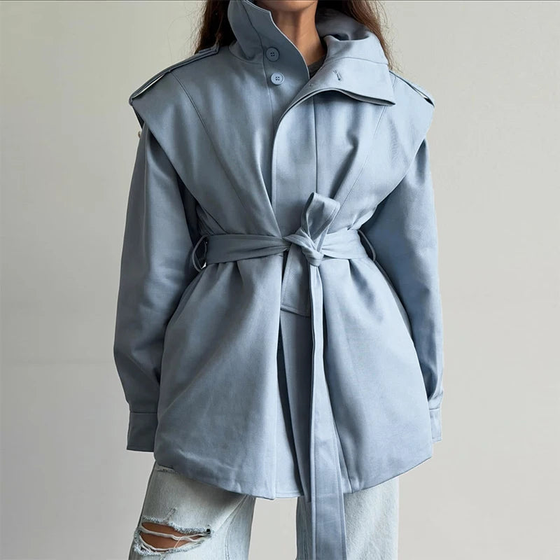 Solid Stand Collar Padded Coat Waist Tie Belt Long Cape Sleeve Button Zipper Loose Women Coats 2026 Autumn Commute Chic Outfit