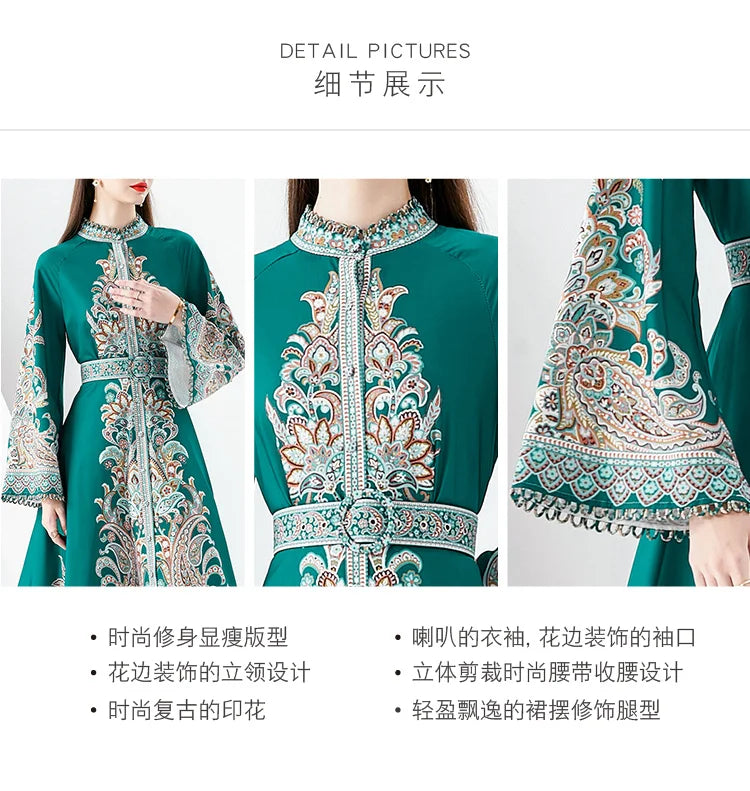 2023 New Silk Long sleeved Ethnic Style Retro Printed Dress for Women's Vacation Style Standing Collar Long Swing Dress