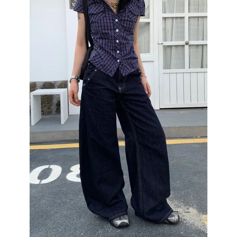 American Retro Blue Jeans Women Y2k Vintage Oversized High Street Wide Cargo Denim Trousers Casual Baggy Straight Denim Pants