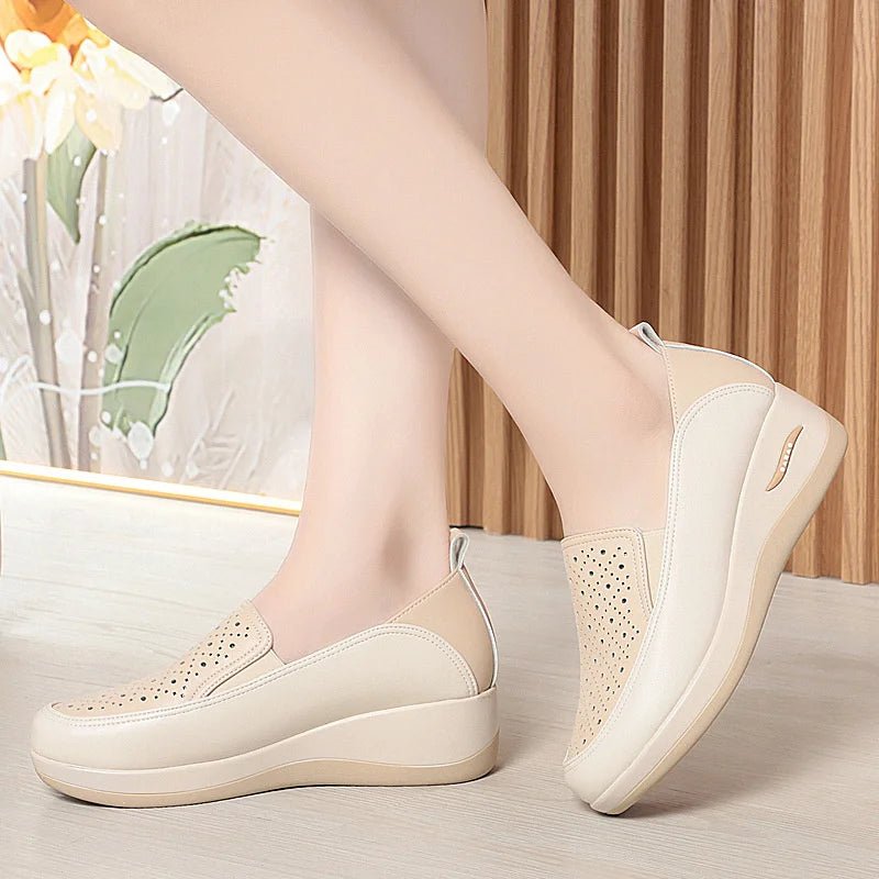 2024 Spring Soft Leather Thick Bottom Women Shoes Wedges Cutout Breathable Sneakers Platform Lightweight Mom Loafers