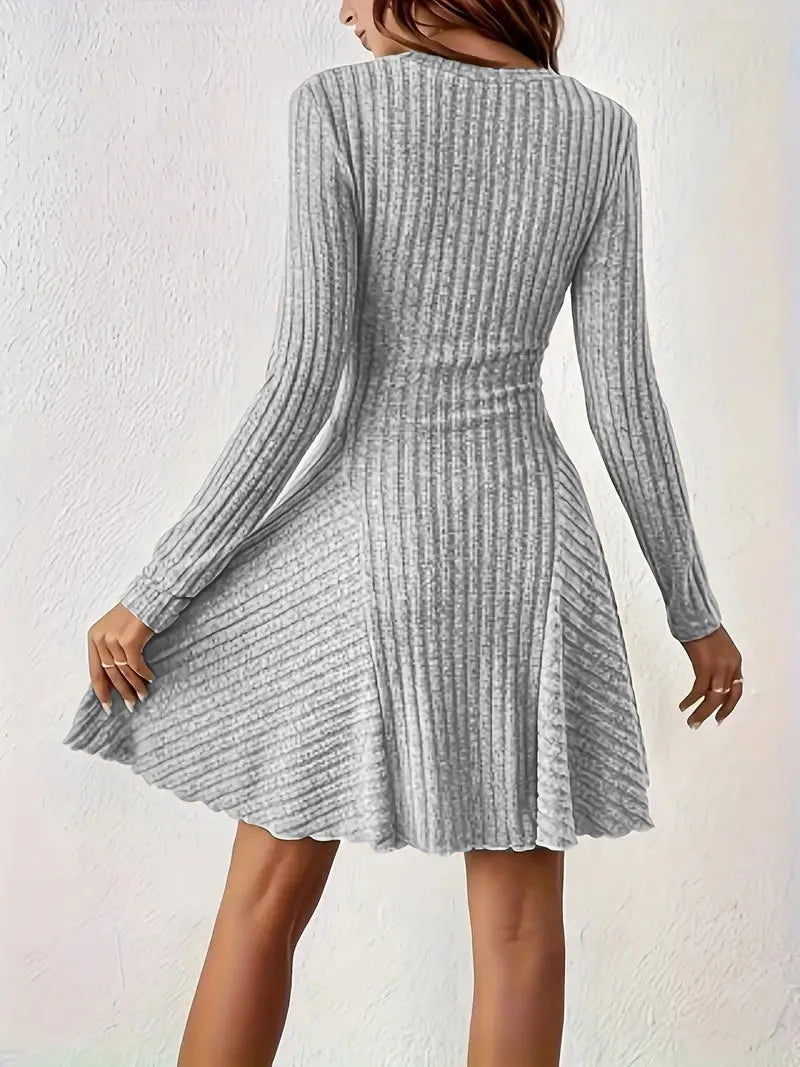 Women's V-Neck Knit Dress - Long Sleeve Swing Mini Dress, Elegant Bodycon Short Dress