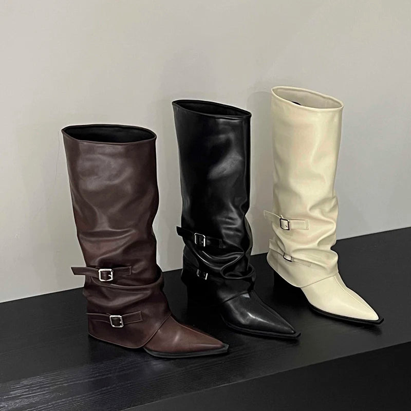 Retro Style Women Knee High Boots Fashion Belt Buckle Shoes Autumn Winter Wedges Heel Women's Knight Long Booties