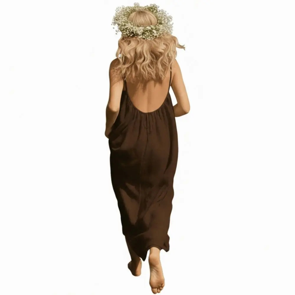 New with Back Tie Backless Cami Dresses Pure Color Soft Backless Sleeveless Comfortable Long Sundress for Women