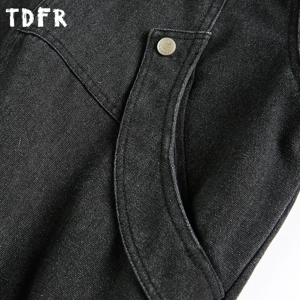 Spliced Denim Jacket Mens Washed Distressed Retro Casual Loose Long Sleeve Stand Collar Pocket Outerwear Man