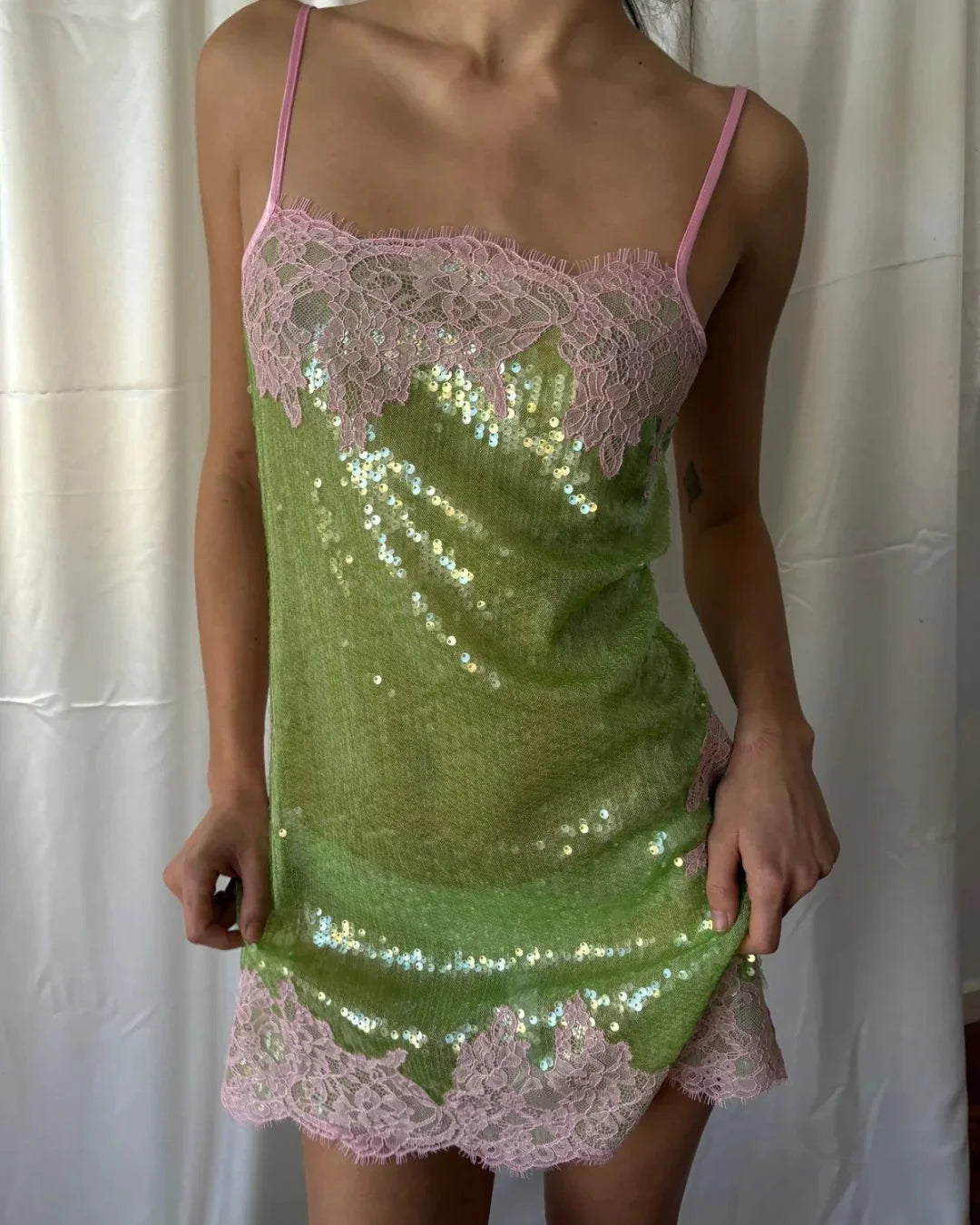 Sexy Sequin Lace Trim Mini Dress Women Fashion V-neck Sleeveless High Waist Female Sling Dresses 2026 Summer Lady Vacation Robes