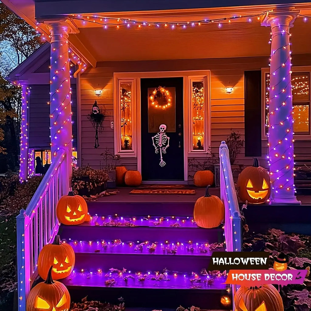 45.93ft 120LED Halloween Purple Orange LED Solar Fairy Lights Outdoor Waterproof Hanging Garden Light Fence Terrace Porch Decor