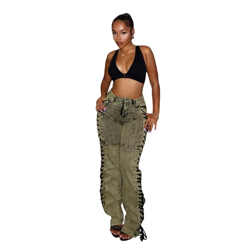 Europe America New Fashionable Women's Straight-leg High-waisted Jeans, Featuring Lace-up Straps and Drawstrings for Hot Girls