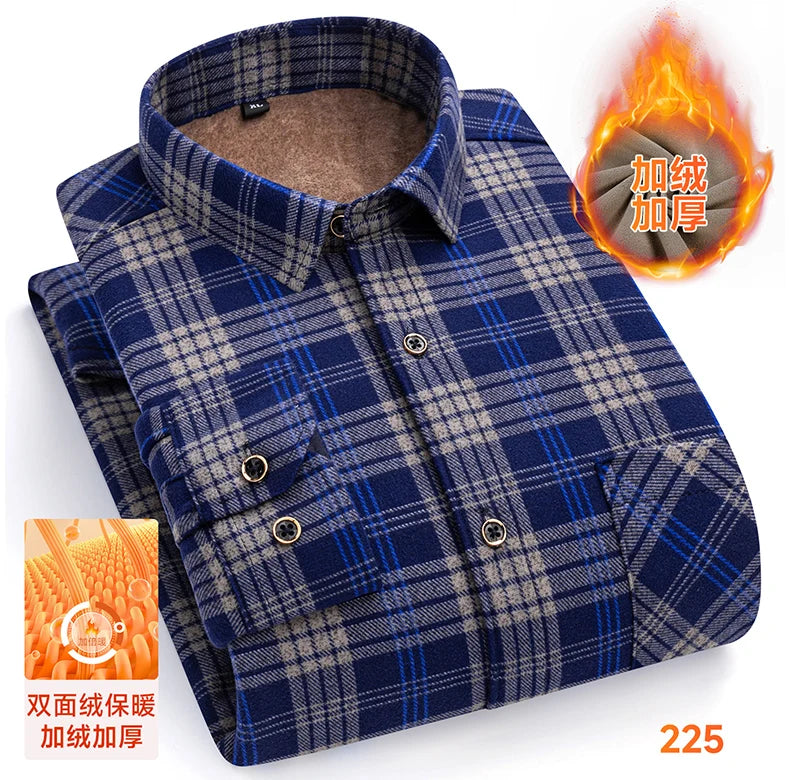 2025 Men's Winter Warm Shirts Long Sleeve Plaid Print Flower Autumn Thickened Fleece Street Trend Casual Dress Shirts 8XL 7XL