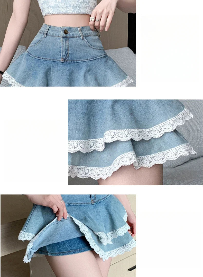 Women's Denim Skirts New Spring Summer Fashion High Waist Lace Decoration Shorts Mini Skirts for Women