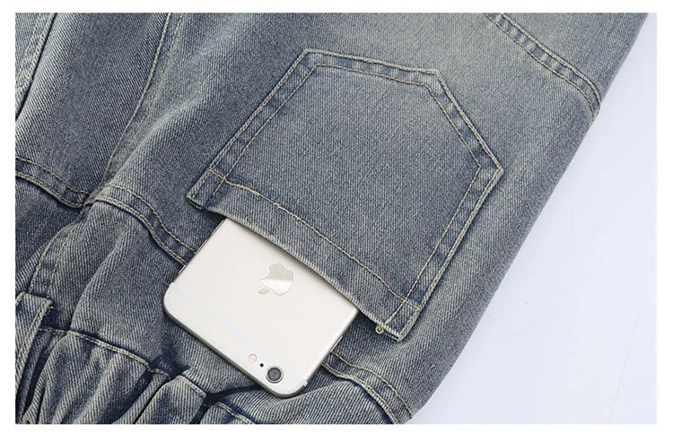 Elegant Fashion Kids Children Cargo Jeans Pants with Multi Pocket for Teenage Girls Loose Straight Casual Denim Trousers 5-14 Y