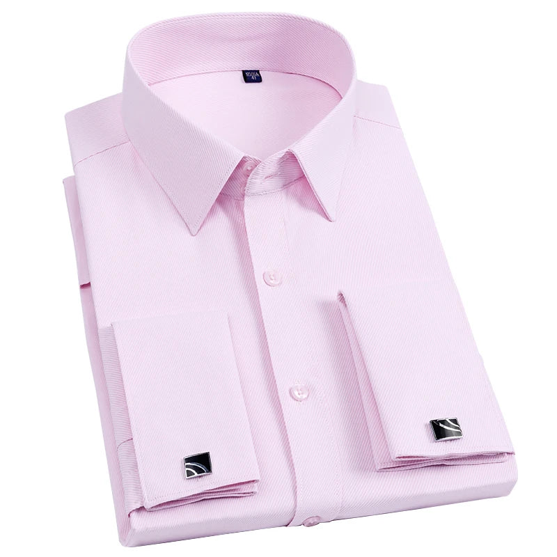 Men's Slim Fit French Cufflink Shirt Long Sleeves Double Cuff Solid Color High End Wedding Formal Dress Casual Men's Clothing