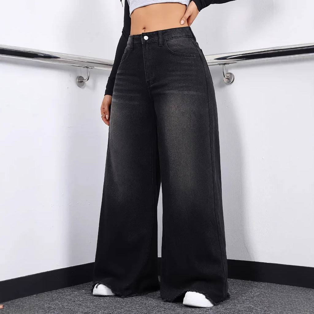 Women's Black Distressed Wide Leg Jeans High Waist Loose-Fit Raw Hem Denim Pants Casual Daily Trousers For Dating & Streetwear
