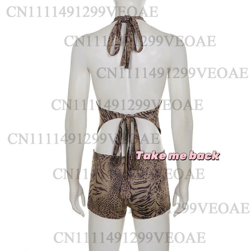 2026 Woman Leopard Print 2 Piece Set Outfit Halter Deep V-neck Backless Crop Top & Low-Rise Shorts Sexy 2pcs Summer Clothes
