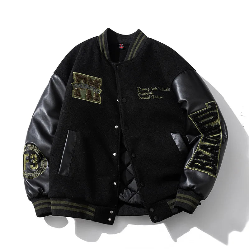 Vintage Letter Embroidered Baseball Jacket Cotton Coat Men's Winter Leather Sleeve Patchwork Woolen Thicken Overcoat