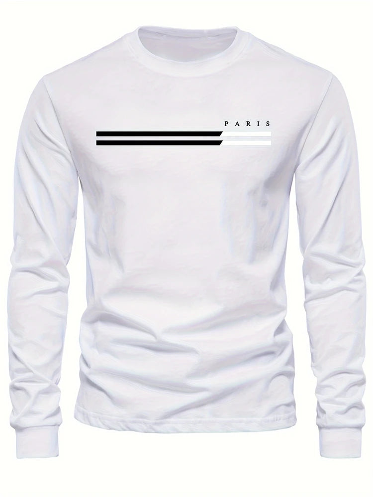 Mens Spring And Autumn Casual Fashion Loose Large Size Paris Pattern Printed Pullover Long Sleeve Gradient Round Neck Sweatshirt