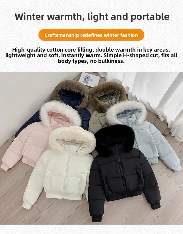 Women's Short Thickened Winter Cotton Jacket Quilted Coat Fur Collar American Retro Style Warm Casual Fashion Regular Fit