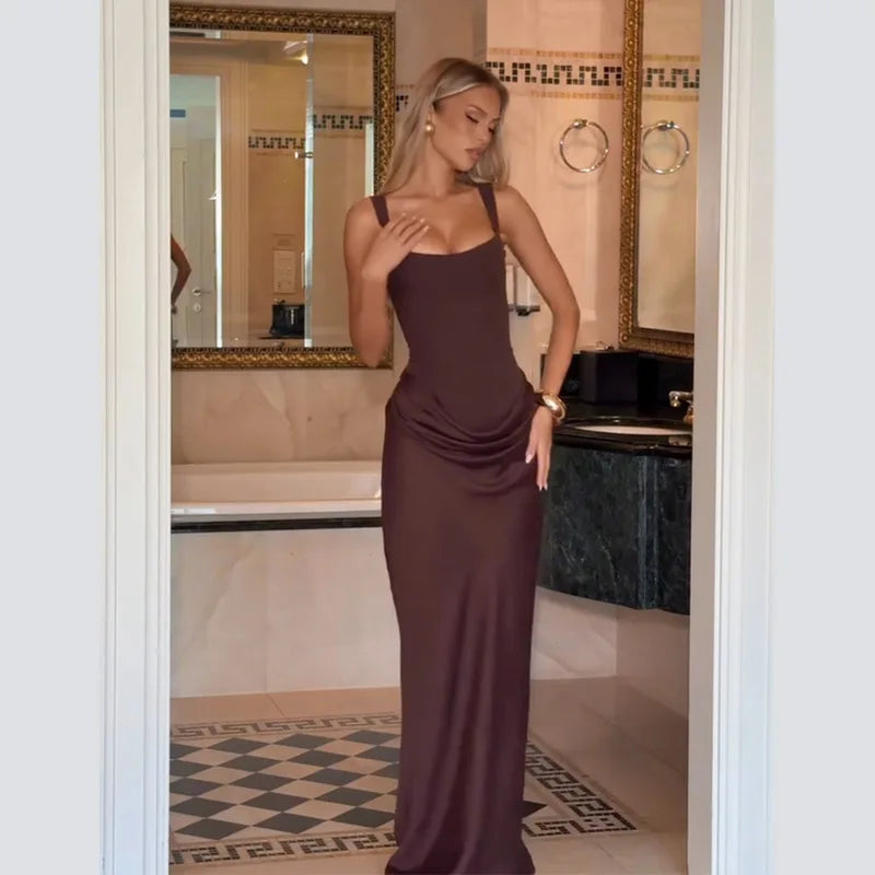 Ruched Waist Satin Long Dress Solid Bodycon Sleeveless Cowl Neck Fishtail Women Dresses 2026 Summer Lady Formal Evening Gowns