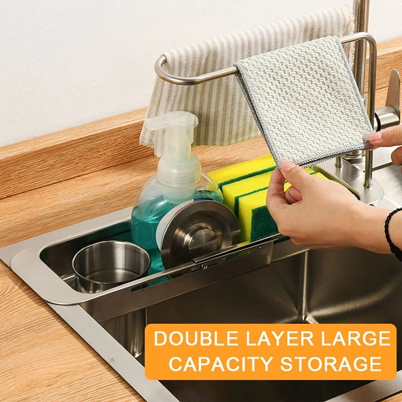 Kitchen Telescopic Storage Rack Sink Organizer Rack Telescopic Faucet Organizer Towel Sponge Storage Adjustable Storage Rack