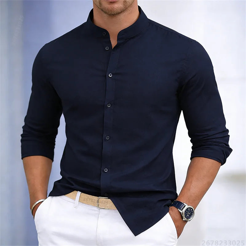 Men's stand-up collar white or black long-sleeved shirt, solid color shirt, slim fit business casual men's top, sizes XS-6XL.