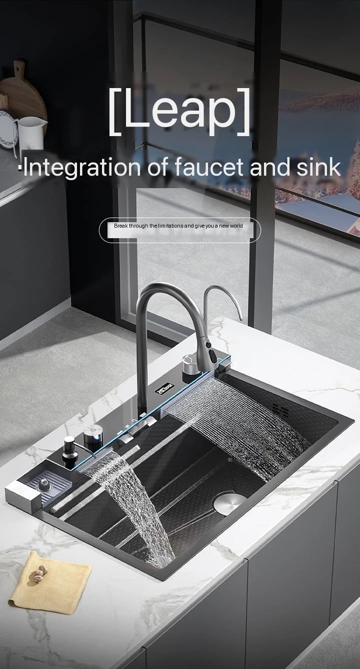 Stainless Steel Waterfall Kitchen Sink Digital Display Extra Large Single Bowl Multifunctional Household Vegetable Washing Sink