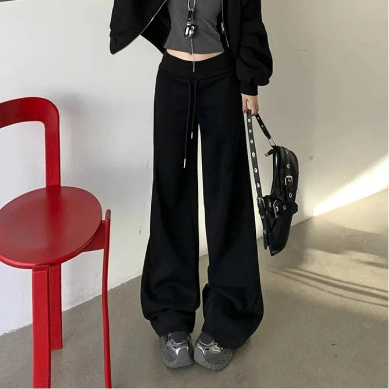 Women High Waist Drawstring Wide Leg Sweatpants Casual Loose Solid Color Straight Trousers Soft Sports Jogger Pants Streetwear