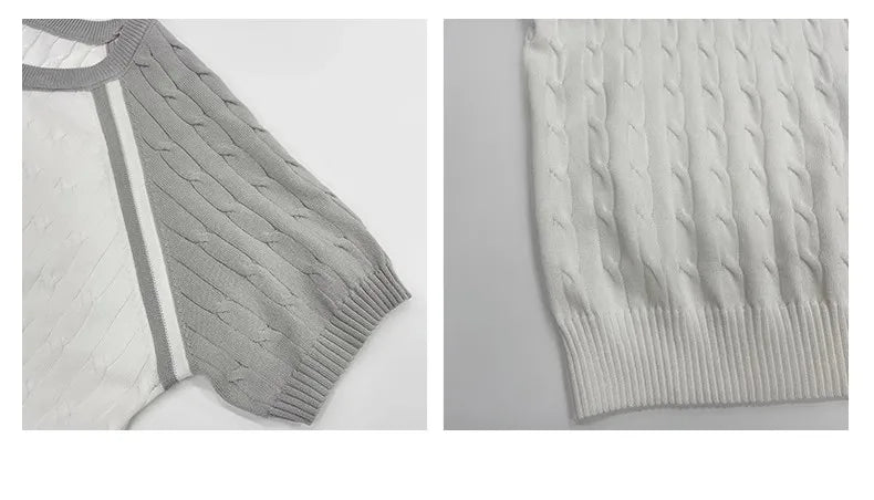 Summer Men's Clothing Light Luxury Knit O Neck Short-sleeved T Shirt Patchwork Leisure Korean Popular Streetwear Retro Knitwear