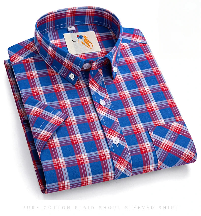 Fashion Korean Plus Size 8XL 100%Cotton Short Sleeve Shirts for Men Slim Fit Formal Plain Shirt Plaid Hawaiian Shirt Casual Top