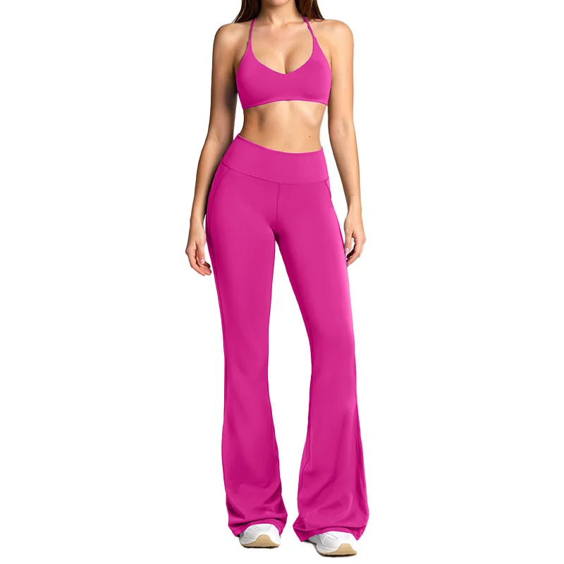Women's Tracksuits 2PCS Flared Pants Yoga Set Gym Fitness Outfits Female Shockproof Sports Bra Yoga Workout Clothes Sports Sets
