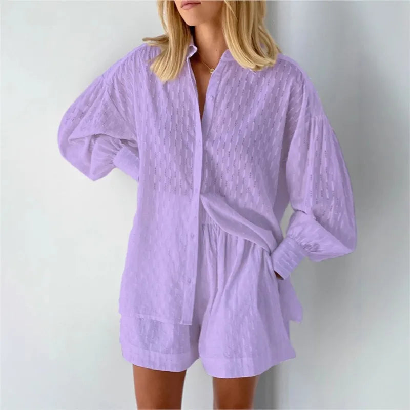Women's Two Piece Set Outfits Summer Fashion Loose Shorts Long Sleeved Elegant Shirt 2 Piece Sets Suit For Women Streetwear 2026