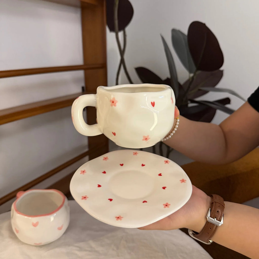 ins style retro flower ceramic cups and saucers, hand-squeezed irregular coffee cups and saucers, afternoon tea cups and saucers